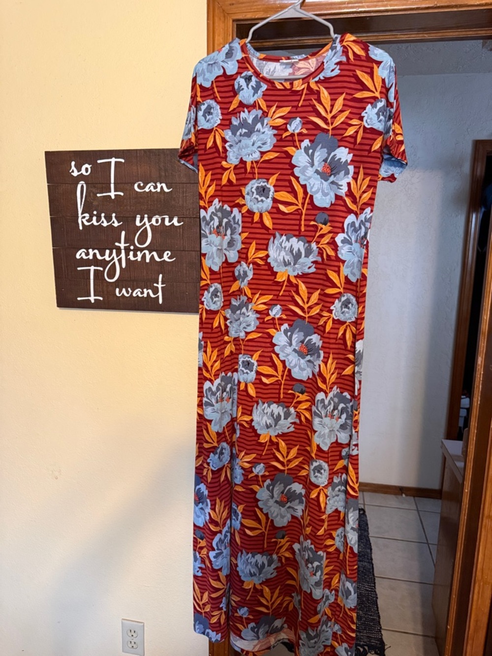 LuLaRoe Red Maxi Dress with Blue Flowers and Orange Leaves